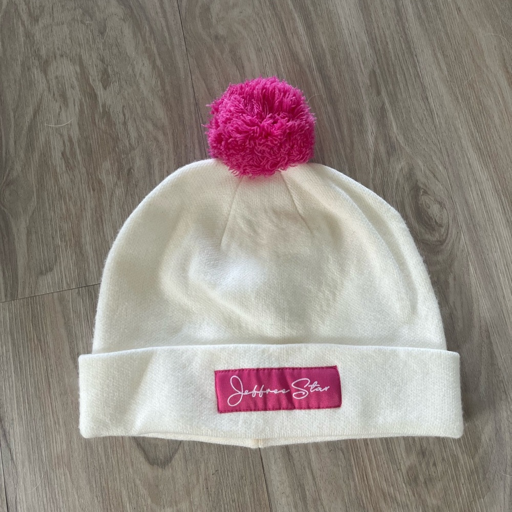 Jeffree Star White Beanie with Pink Pom Pom